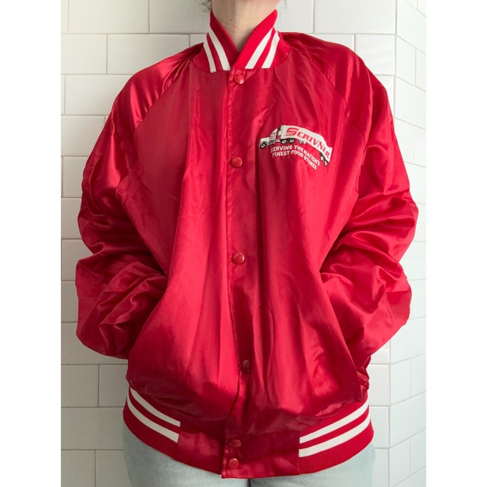 Vtg Red Satin Varsity Jacket Bomber Jacket Size XL Made in USA